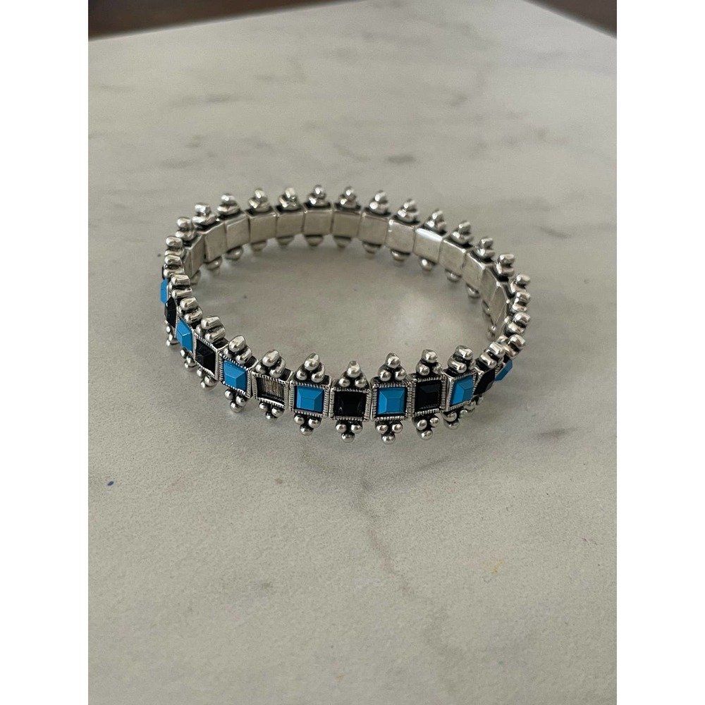 Vintage Black faux turquoise silver tone stretch bracelet - Picture 7 of 9